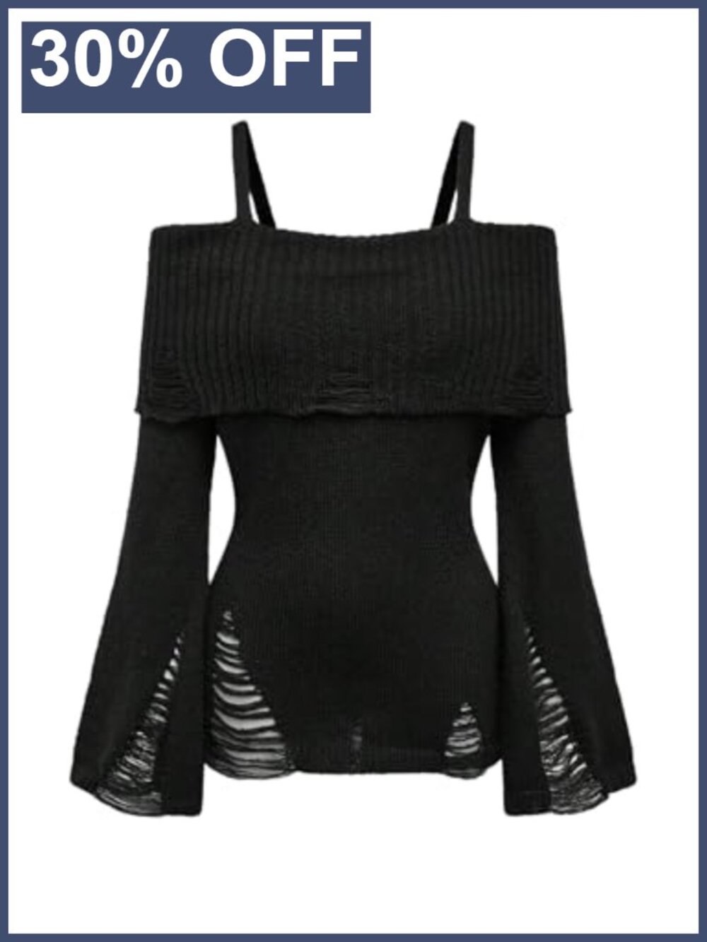 Women's Cold Shoulder Ripped Rib Knit Pullover Sweater Bell Sleeve Slim Fit